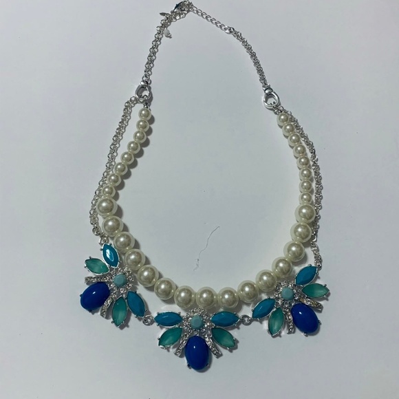 Floral Necklace With Imitation Pearls and Rhinestones Royal blue and Aqua Blues - Picture 1 of 2